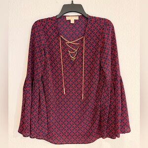 Michael Kors Red and Blue Patterned Blouse with Gold Accents
